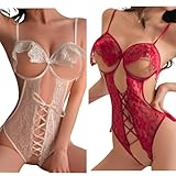 [OLYOLY] 【2枚セット】 過激 セクシー コスプレ 下着 超ハイレグレオタード ブラジリアン オープンバスト オープンクロッチ 穴あき スケスケ ベビードール ランジェリー (06 白赤2色セット)