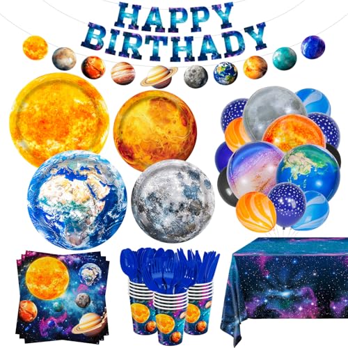 182pcs Outer Space Birthday Party Supplies Space Party Plates Napkins Disposable Cups Tableware Set Tablecloth Banner and Balloons Boys Space Solar System Birthday Party Decorations 24 Serve