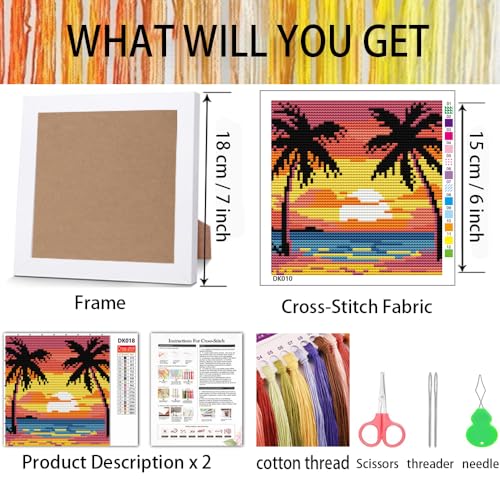 Image of Tiwabb Beach Scenery Cross Stitch Kits for Adults Beginners,Stamped Cross Stitch Kits with Framed,Embroidery Kit for Beginners,Full 11CT Cross-Stitch Arts and Crafts for Adults 7x7inch