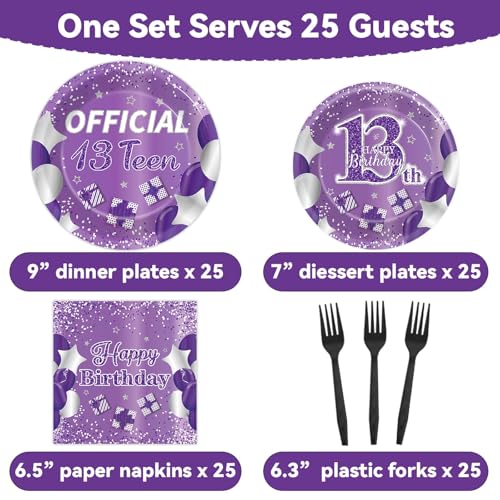 Image of Qyeahkj 100 Pcs Purple Official Teen Birthday Decor 13th Birthday Plates Napkins Forks Set Disposable Official 13th Tableware Teenager Paper Plates Dinnerware Decorations Serve 25