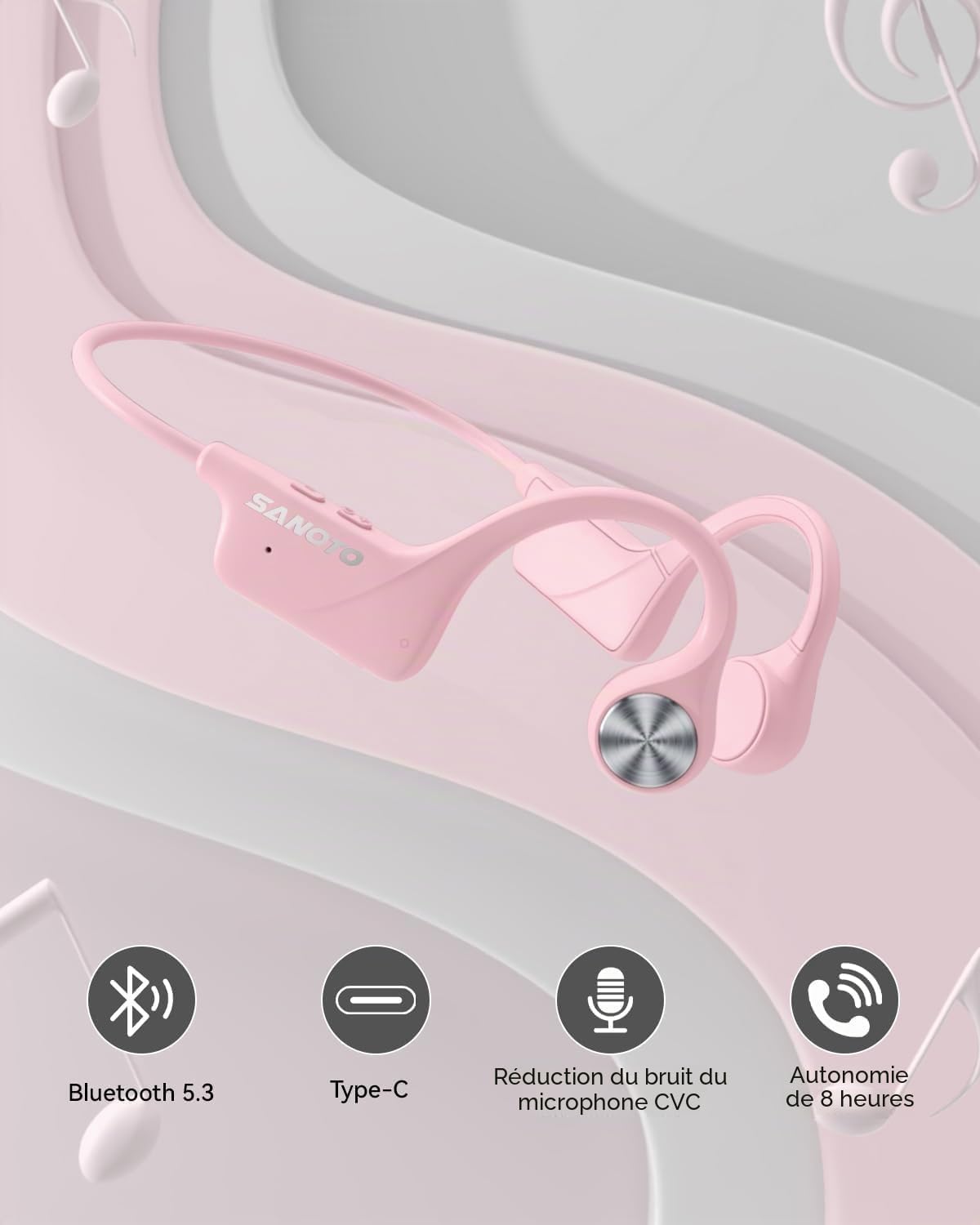 SANOTO Casque Conduction Osseuse Bluetooth 5.3, Open Ear Casque Bluetooth Sans Fil Sport IPX5 Étanche et Anti-poussière Conduction Osseuse Batterie longue durée Running Fitness Cycling Casque Écouteur