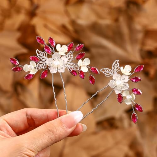 IYOU Brillante Cristal Boda Horquillas Rosada Flores Novia Piezas de pelo Rhinestones Novias Dama de Honor Accesorios de pelo para Mujeres(2 Unidades)