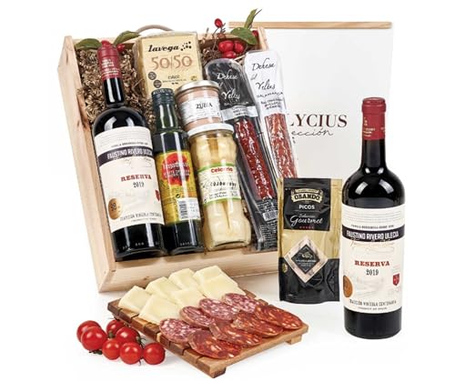 Lote 217: Cesta de Navidad Gourmet en Estuche de Madera con Vinos Reserva - Ibéricos a domicilio gourmet