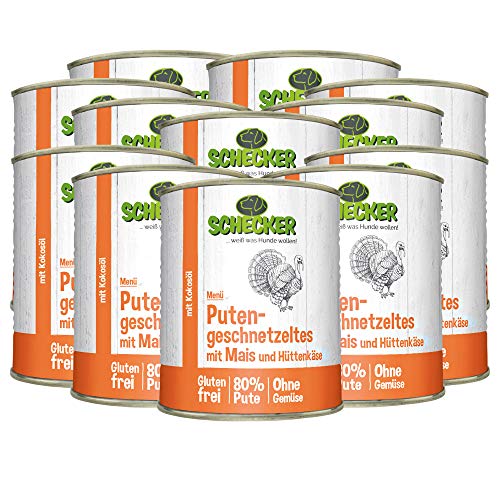 Produktbild von Schecker Hundemenü Putengeschnetzeltes mit Mais und Hüttenkäse - 12 x 820 g
