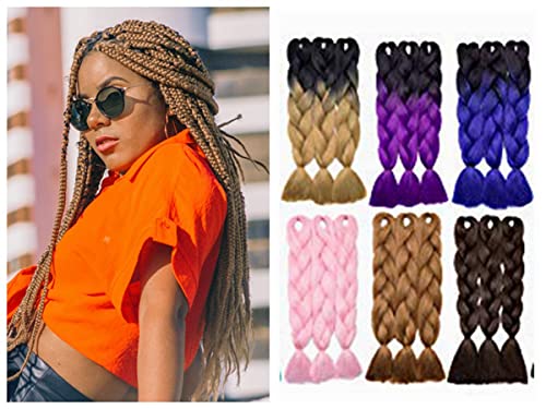 Benehair 24 inch Jumbo Braid Rainbow Jumbo Box Braids Crochet Hair Extensions Ombre Purple Blue Yellow Orange for Women Kids DIY High Temperature Synthetic Fiber 1 Bundle Valentines Day