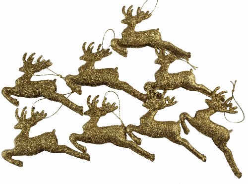 DP Set Of 8 Gold Glitter Reindeer Christmas Tree Hanging Ornament Decorations