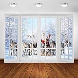 Avezano Christmas Window Photography Backdrop Winter Window Santa Claus Elk Snow Backdrops Winter Wonderland Family Kids Xmas Holiday Decor Background Photo Studio Props (7x5ft)