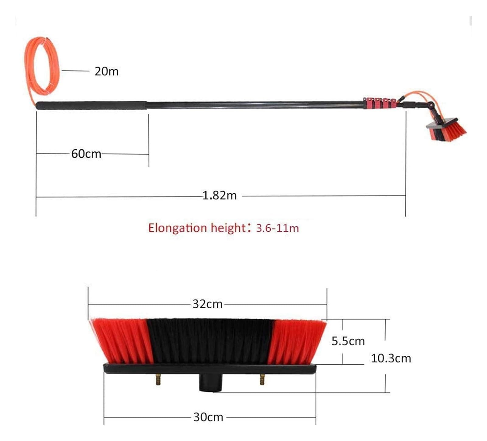 Zestaw drążków zasilanych wodą do czyszczenia paneli słonecznych, szczotka teleskopowa 35 cm, z wężem 12 m, wysuwany środek czyszczący, do dachu ogrodu zimowego, idealny do paneli