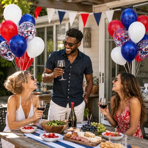 Image of 60pcs Red White and Blue Balloons 12inch, Navy Blue Confetti 4th of July Balloons for Fourth of July Graduation Birthday Party Decorations