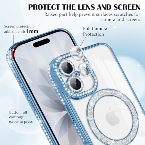 Image of Elzzi Compatible with (iPhone 17 Case) Clear Luxury Diamond Glitter Case |Camera Lens Protector with Glitter Ring | Premium Shockproof Glossy Shiny Back Cover Case for Girls Women -Blue