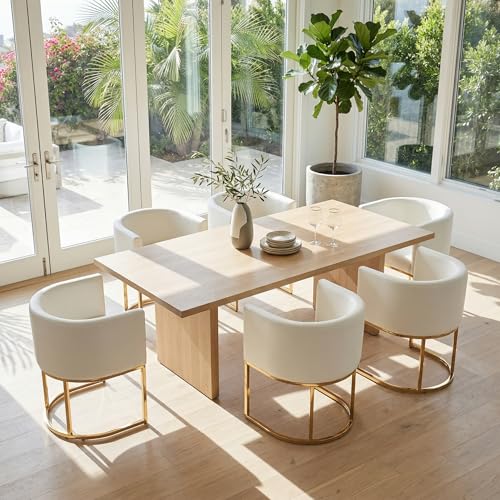 Image of HNY Mid Century Modern Upholstered Barrel Dining Chairs with Arms Set of 6, Leather Kitchen & Dining Room Chairs, 18.5 inch Wide Accent Chairs for Dining Room Living Room with Gold Metal Frame, White