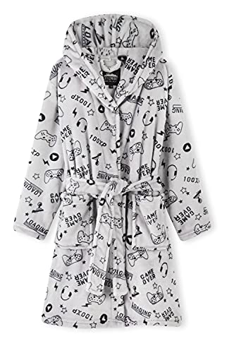 CityComfort Bata Forro Polar Niño, Albornoz Niños Diseño Gamer, Batas de Casa con Capucha, Regalos para Niños y Adolescentes Edad 7-14 Años (13-14 años, Gris)