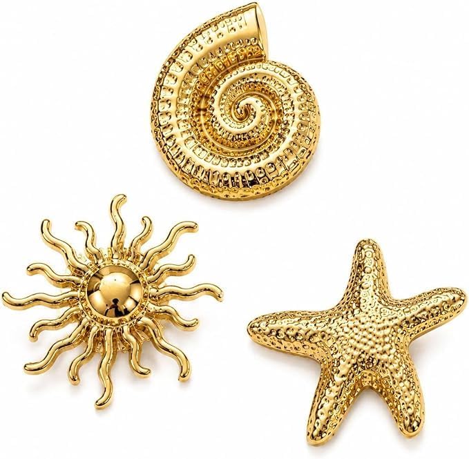 Gold-Tone Ocean Brooch Set - Seashell, Starfish & Sun
