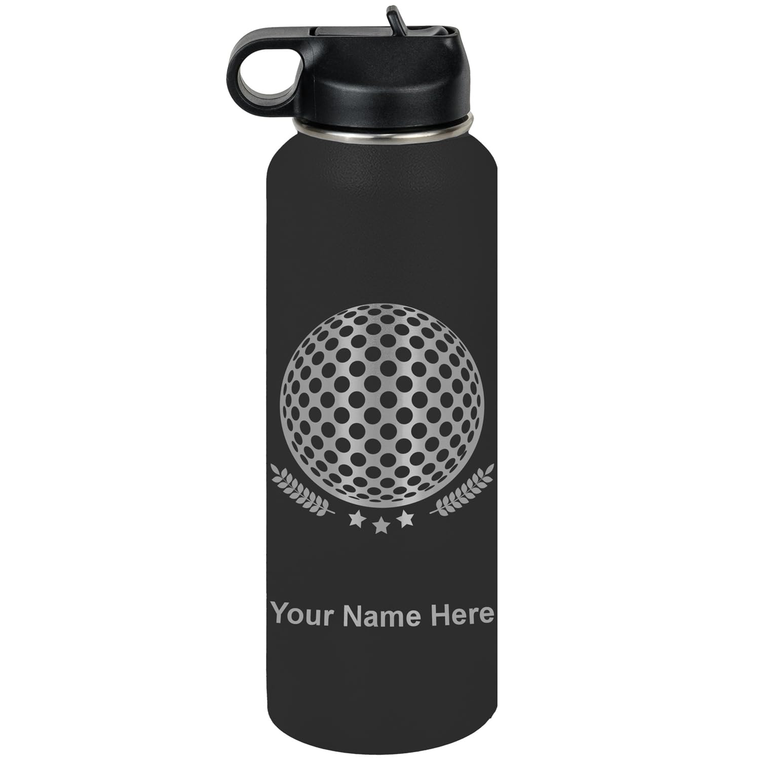 LaserGram Personalized Water Bottle, Golf Ball, Stainless Steel Double Wall Vacuum Insulated with Flip Top Straw, Custom Engraved Gift (40oz / 1180ml Black)