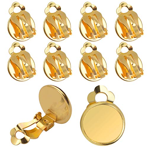 Clip-on Earring Converters, 20pcs (10 Pair) Flat Round Earring Trays 12mm Earring Cabochon Setting Converter for Non Pierced Ears Earring Making - Gold