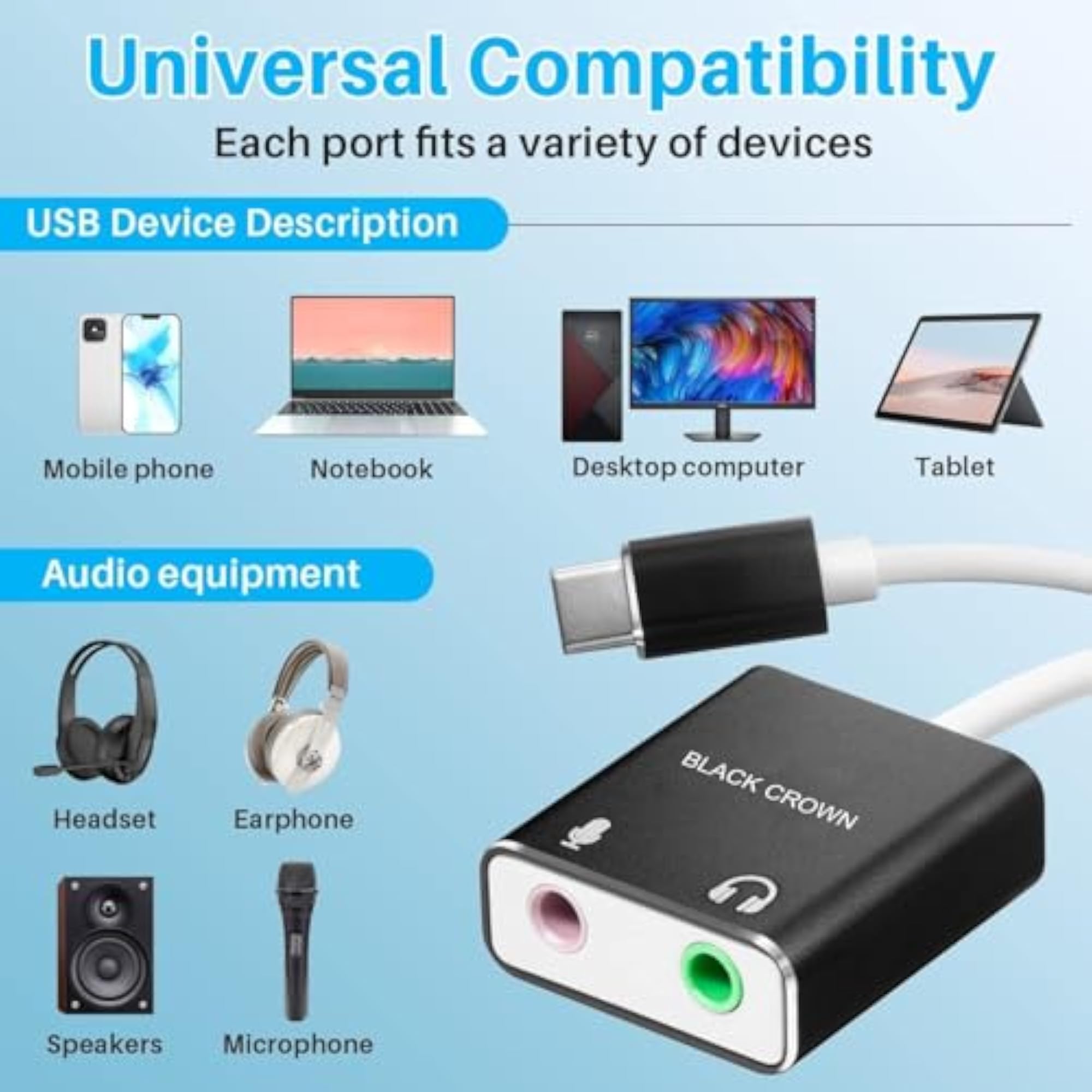 USB C External Sound Card, Type to 3.5mm Jack Audio DAC Adapter