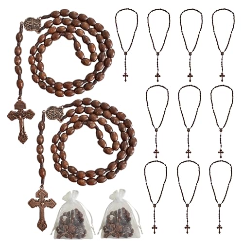 Image of Bovemee Saint Benedict Medal Prayer Pocket Rosary Catholic Brown Wood Beads with Medalla de san benitol and Crucifix, 9 Inch