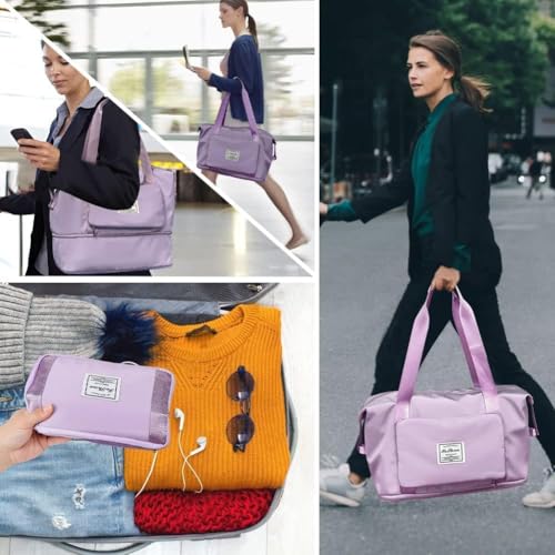 Image of HAKKU Nylon 41 Liter Expandable Travel Bags for Women, Duffle Bags for Women Luggage, Foldable Vanity Traveling Bag, Waterproof Hand Bag for Ladies Personal Items (Modern, Purple)