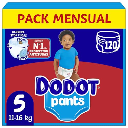 Dodot Bebé Pants Pañales, Talla 5, 11-16 kg, 120 Pañales, Pañal-Braguita con Ajuste 360° Anti-Fugas, Pack Mensual