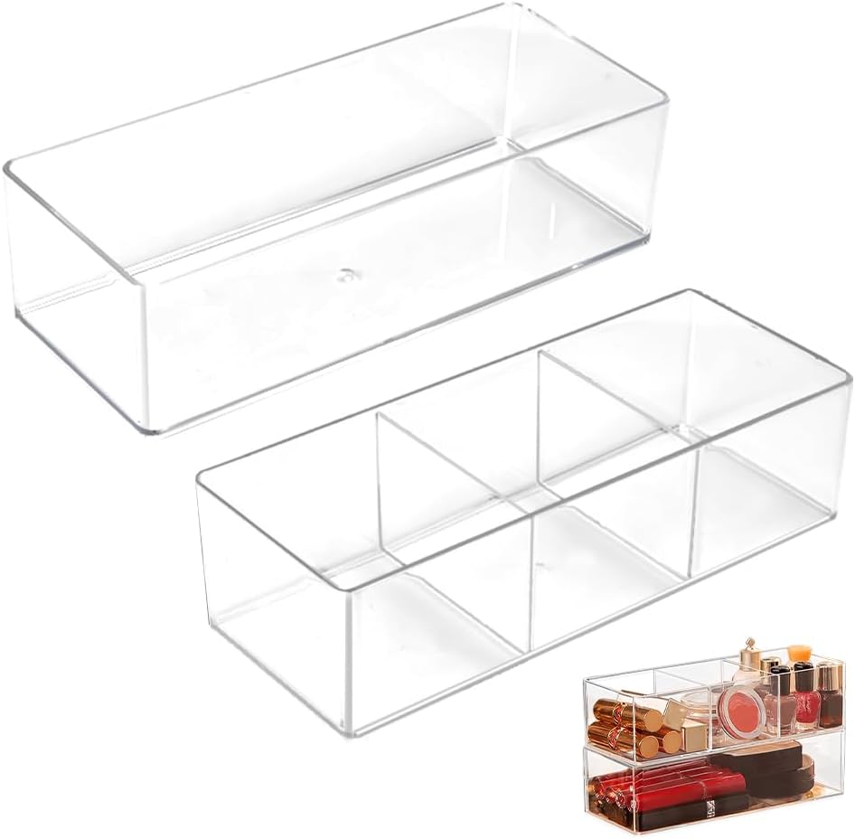 Set of 2 Cosmetic Drawer Organiser Stackable Acrylic Makeup Organizer Clear Makeup Organiser Tray Cosmetic Storage Jewelry Display for Desk Drawer Countertop(1+3 Compartment)