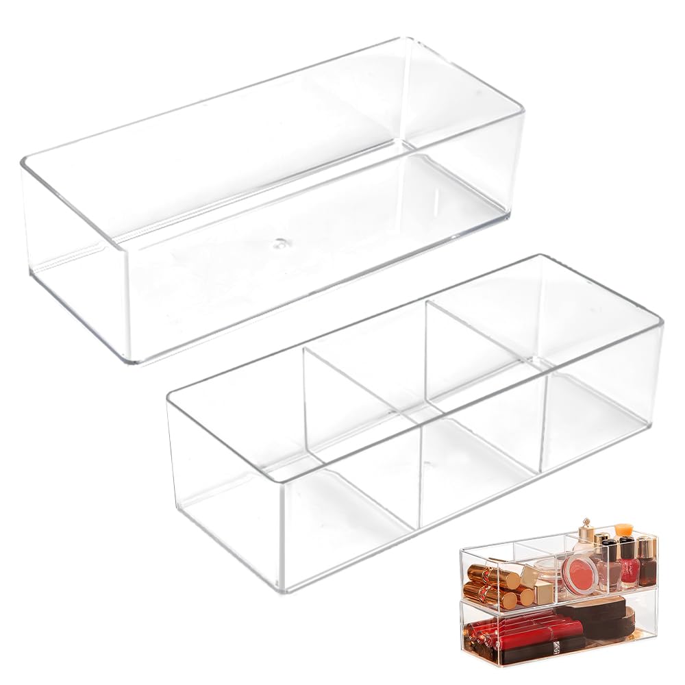 CYNNXIA Set of 2 Cosmetic Drawer Organiser Stackable Acrylic Makeup Organizer Clear Makeup Organiser Tray Cosmetic Storage Jewelry Display for Desk Drawer Countertop(1+3 Compartment)