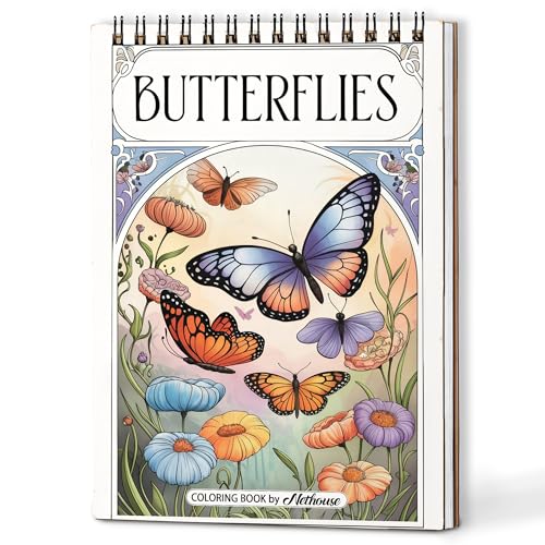 NETHOUSE Butterflies Coloring Book for Adult Spiral Bound – 30