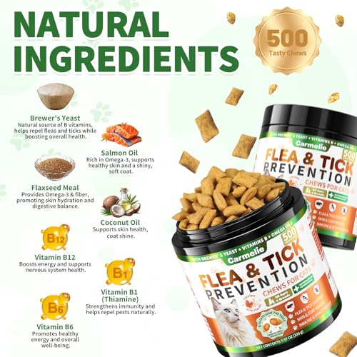 Carmelie Flea and Tick Prevention for Cats Chewables, 500 Crunchy & Creamy | Natural Oral Cat Flea Treatment for Skin & Coat, Fish Oil Vitamin Kitten Flea Chews, Chicken Krill Flavor, All Breeds & Ages - Image 6