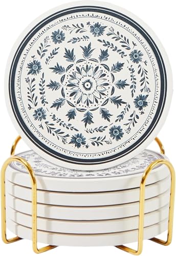 Ceramic Marble Coasters Set of 6, Absorbent Drink Coasters for Table