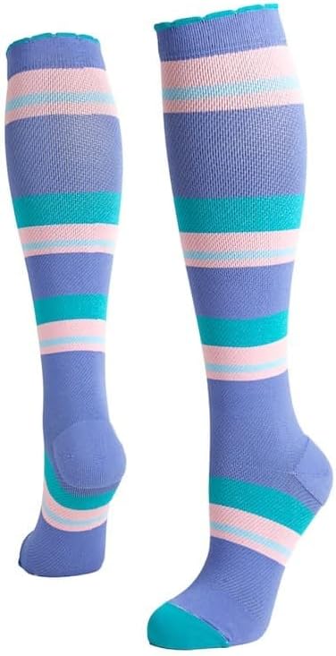 Lily Trotters Women's Designer Athletic Compression Socks - Candy Stripes Denim (L/XL)