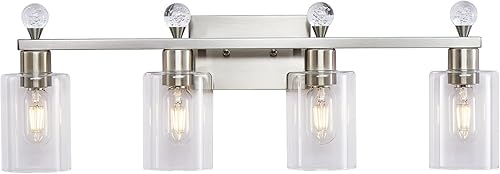 Miniatura 3 de 4 luces de tocador de baño, 28 pulgadas, modernas lámparas de baño de níquel cepillado, accesorios de iluminación de tocador con vidrio transparente
