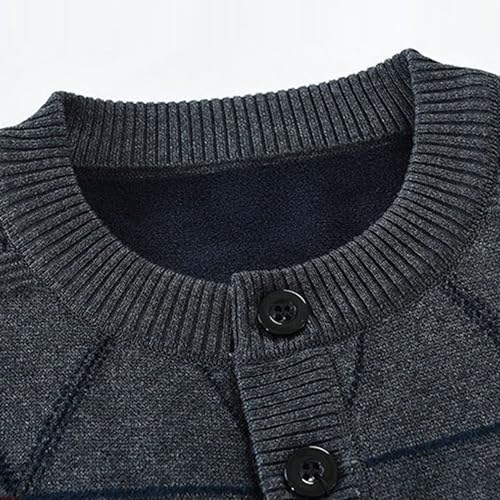 Mens Crew Neck Cardigan Sweater Simple Casual Button Up Padded Tops Coat Plus Fleece Plaid Sweaters with Pockets2