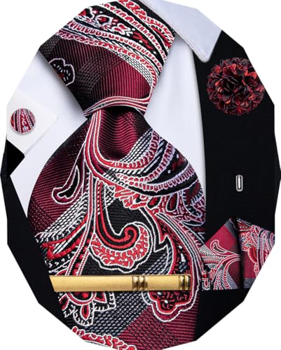 Image of YourTies Silk Paisley Floral Tie and Pocket Square Cufflinks with Lapel Pin Sets for Men 5PC Wedding Party