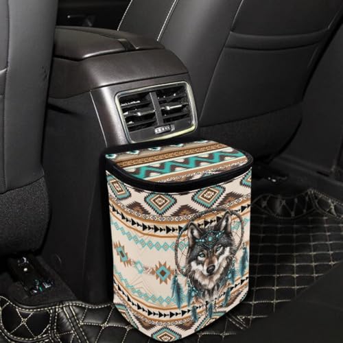 Image of Talayituse Aztec Tribe Wolf Pattern Car Trash Can with Lid, Leak Proof Auto Trash Bag Hanging Vehicle Garbage Can Multipurpose Storage Container for Back Seat Road Trip