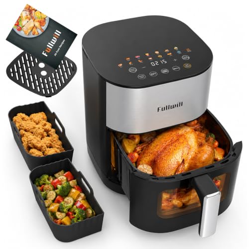 Image of Fullwill 6Qt Air Fryer Liners 2 Pack, Dual Heating, 14-in-1 /12 Presets (Wings, Steak, Fries, Pizza), 392F, 1700W, Nonstick & Dishwasher-Safe Basket, PFOA-Free,Reusable Liners Baskets