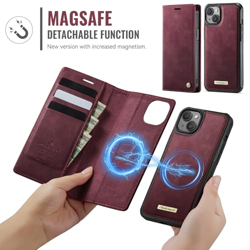 Image of Wallet Case for iPhone 13 Compatible with Magsafe, 2-in-1 PU Leather Flip RFID Blocking Card Holder Stand Shockproof Magnetic Detachable Case for iPhone 13 Case 6.1 inch, Burgundy