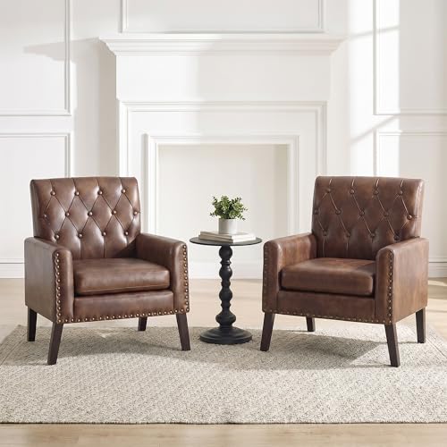 Abbrevi Mid Century Modern Accent Chair Set of 2, Dark Brown Faux Leather Office...