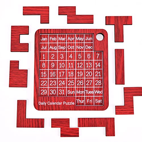 Image of Wooden Daily Puzzle Calendar - 365 Days Brain Burning Jigsaw Puzzle Desk Calendar for 2023 Advent Everyday Logic Challenges Fun Games (S-3.54 * 3.93 in, Red)