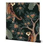Spoonflower Peel & Stick Wallpaper Swatch - Tiger Peacock Black Bird Asian Flowers Floral Chinese Tree Chinoiserie Custom Removable Wallpaper