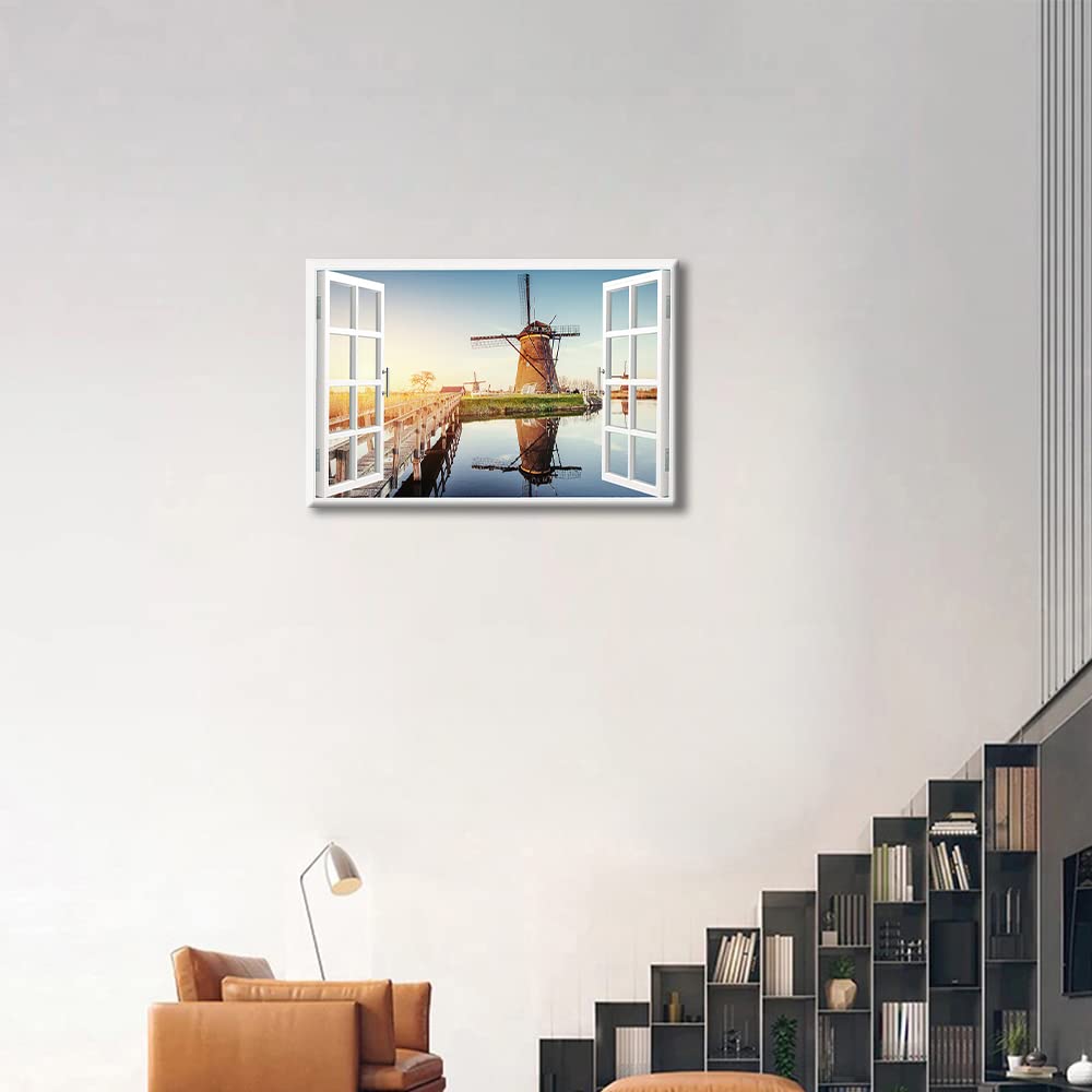 TISHIRON Dutch Windmills View 3D Window Effect Canvas Art Seaside Landscape Wall Art Canvas Prints Decor Posters for Living Room Bedroom Posters Prints Framed Ready to Hang - Image 4