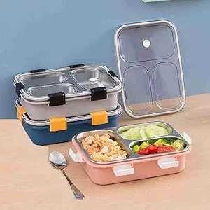 Farberware Lunch Box Insulated Lunch Box - Stainless Steel Vaccum Tiffin Box for Boys/Girls/School/Office (3 Compartment Box) - Multicolor (Lunch Boxes)