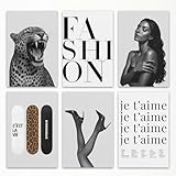 6pcs Leopard Print Canvas Wall Art, Black White Cheetah Painting, Trendy Leopard Skateboard C'EST LA VIE Poster, Fashion and Je T'aime Typography Print, Heels Legs Girl Picture 8x12in Unframed