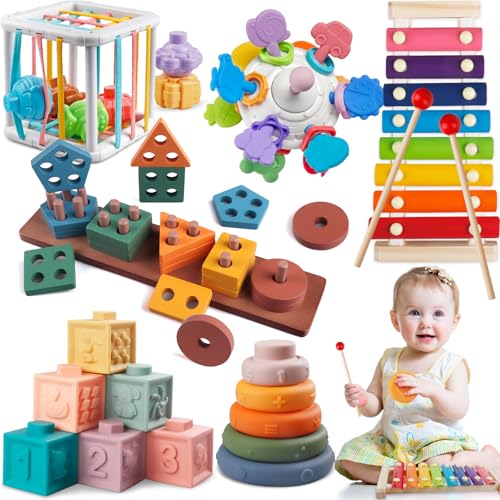 Image of 6 in 1 Montessori Baby Toys for 1 + Year Old, Infant Sensory Teething Toys for Babies 6-12 Months, Wooden Stacking Building Blocks Shape Sorter, Xylophone Musical Toy, Birthday Gift for Toddlers 1 2 3