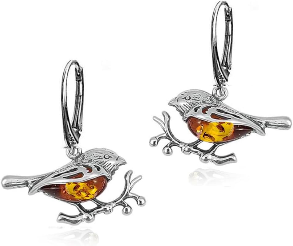 Ian and Valeri Co. Amber Sterling Silver Bird Sparrow Dangle Earrings
