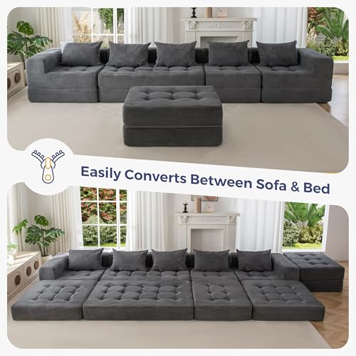 Image of MAXYOYO Modular Sectional Sofa Couch, Foldable U Shaped Cloud Couch with Pillows, Tufted 6-Seat Boneless Lounger Floor Sofa Bed for Living Room, No Assembly Required, Dark Grey