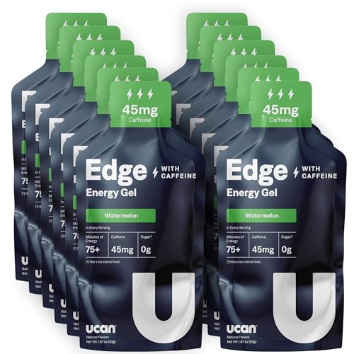 Image of UCAN Edge Energy Gel Shots, Watermelon + Caffeine (12, 2 Ounce Packets) for Running, Training, Workouts, Fitness, Cycling, Crossfit | Sugar-Free, Vegan, & Keto Friendly Energy