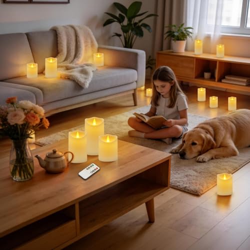 Image of Flameless Candles 4 inch 5 inch 6 inch Outdoor Indoor Pillars Battery Operated Flickering Candles with Cozy Climbing Flame Effect, 10-Key Remote Timer, 400+ Hours by 2 AA Batteries, White Plastic LED Candles
