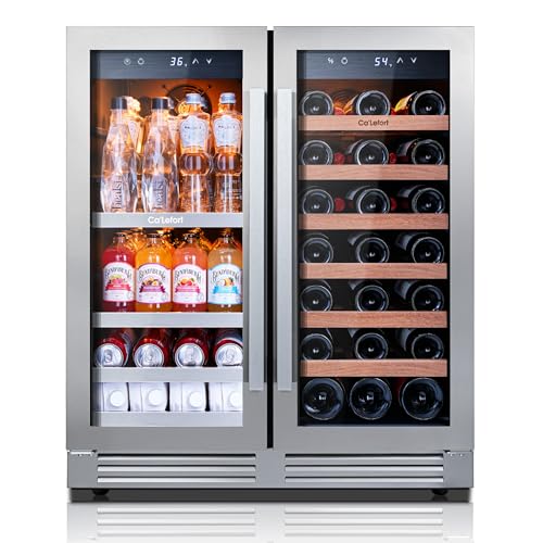 Ca'Lefort 30 Inch Wine and Beverage Refrigerator, 80 Can and 33 Bottle French Door Wine Refrigerator 36-72°F, 3 LED Wine Fridges with Glass Door, Built-in or Freestanding for Home/Kitchen (6.00 cu.ft)