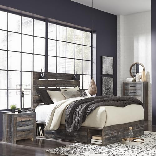 Image of Signature Design by Ashley Drystan King Storage Bed Frame with Drawers, Built-in USB Ports and LED Lights, Rustic Engineered Wood, for Master Bedrooms, Brown, King