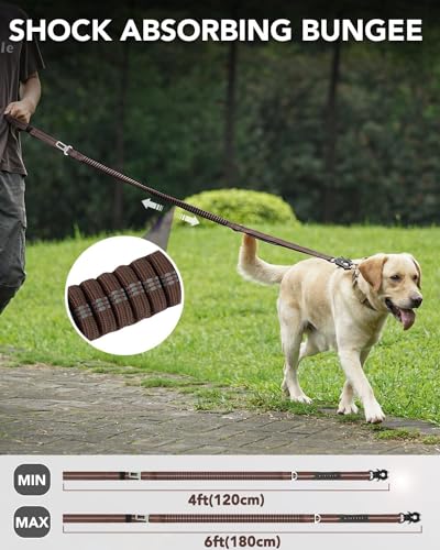 Joytale Taktische Hundeleine, 1.2m-1.8m Bungee Hundeleine Reflektierend mit 2 Gepolsterten Griffen, Autosicherheitsgurt, Leine Hund ohne Zugkraft für Mittelgroße, Große, X-Große Hunde, Braun