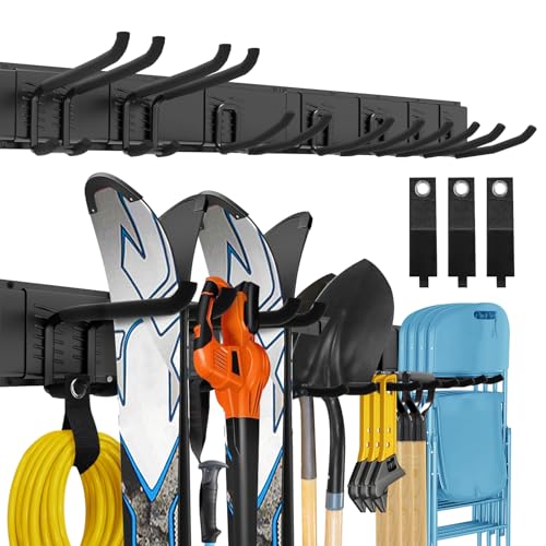 Garage Storage Organizer, Wall Mount Garden Tool Organizer, 48 Inches Max Loading 440lbs Adjustable Metal Hooks, Yard Shed Rack, Tool Holder for Hanging Rake Broom Mop Snowboard